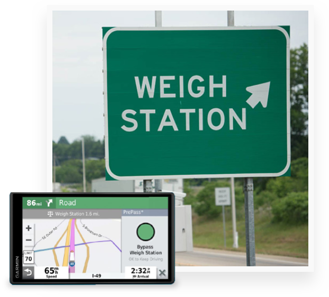 Weigh station ahead sign with Garmin device